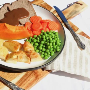 Roast Beef with Gravy, Roasted Pumpkin and Potatoes, peas and carrots