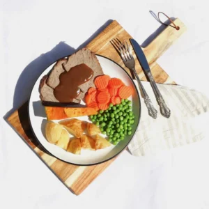 Roast Beef with Gravy, Roasted Pumpkin and Potatoes, peas and carrots